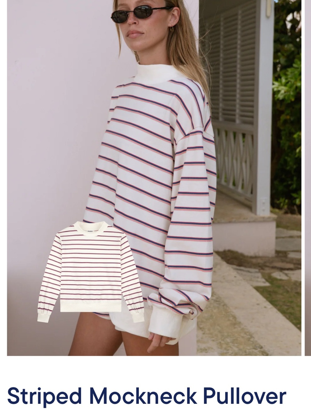 PARKE- Striped Mockneck Pullover Sweatshirt in Cream with Navy & Red Stripes